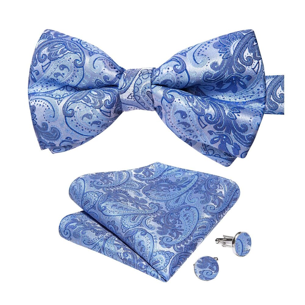 6425 Sky Blue Paisley Bow Ties Pretied Bowtie Set Silk Bow tie and Pocket